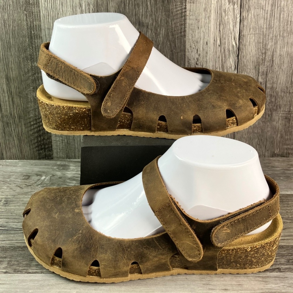 BioNatura Brown Leather Cork Wedge Mary Jane Sandals Made in Italy Womens 7.5 38